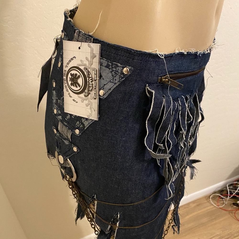 In Plants We Trust Denim Rocker Retro 80’s Skirt Chains Fringe NWT Shaman Jean
